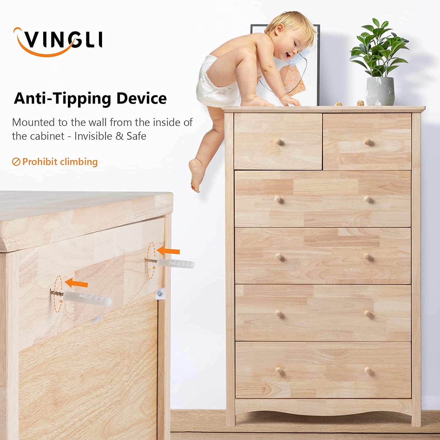 VINGLI Unfinished Farmhouse Natural Solid Wood Tall 6-Drawer Dresser for Bedroom Vintage Dressers Chests of Drawers