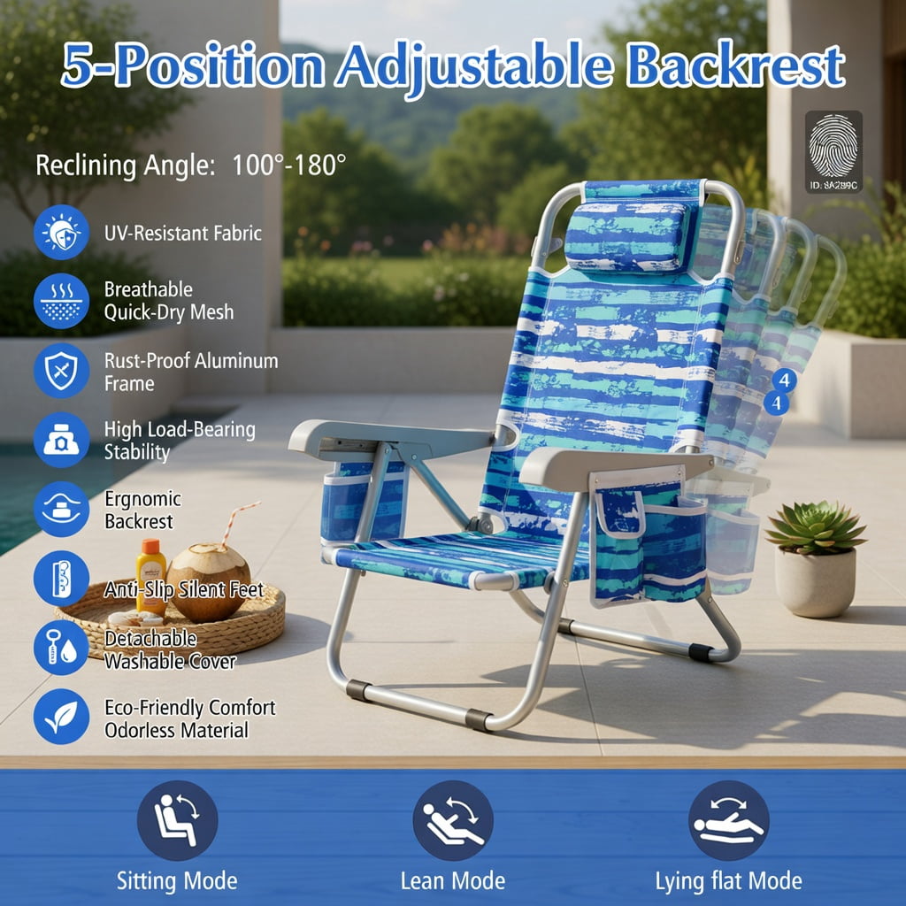 Hommoo 2-Pack Foldable Beach Chair with Cup Holder, Adjustable Backrest & Storage Pockets, Lightweight Aluminum Frame, Waterproof 600D Oxford Fabric, Navy