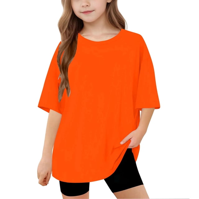 Lmnyox Kids T Shirts Oversized Short Sleeve Basic Tee Solid Color Loose Crew Neck Summer Shirts Tops 5-15 Years
