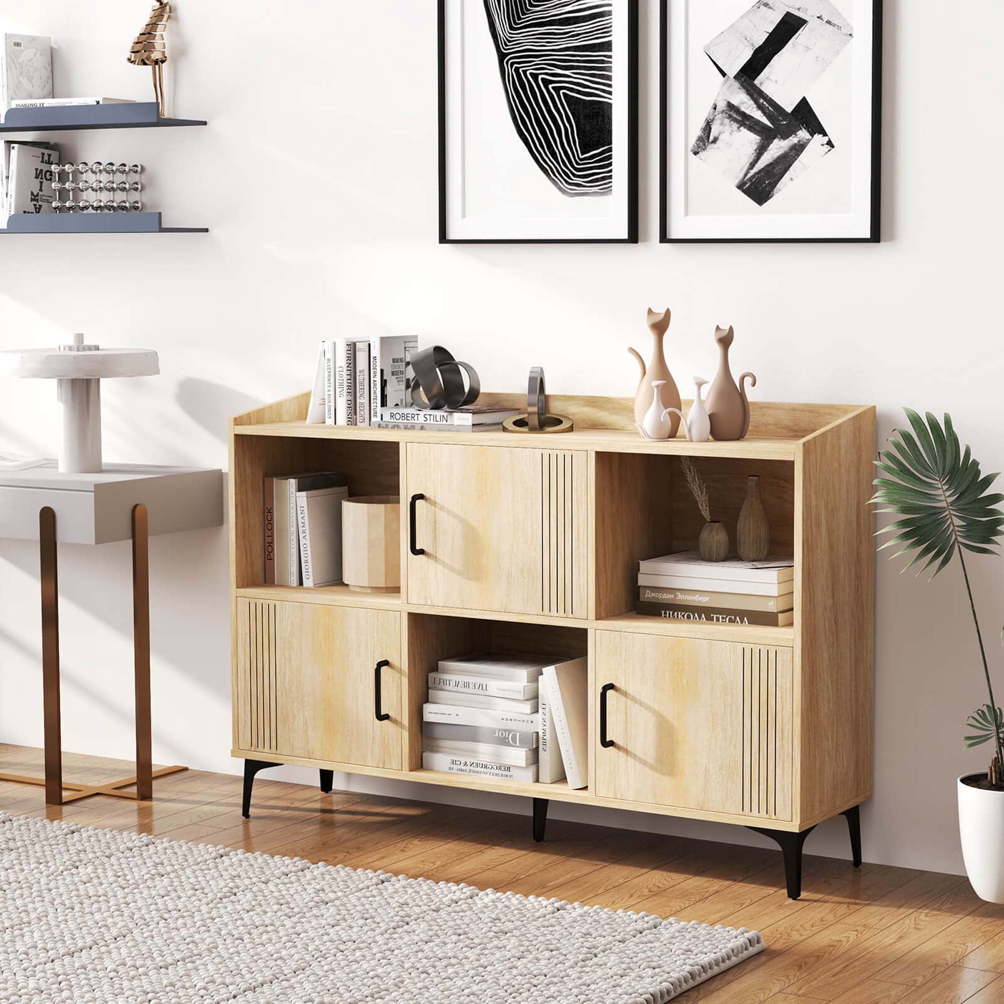 Costway 47" Wide Storage Cabinet Home Large Bookcase with 3 Door Cabinets & Open Shelves