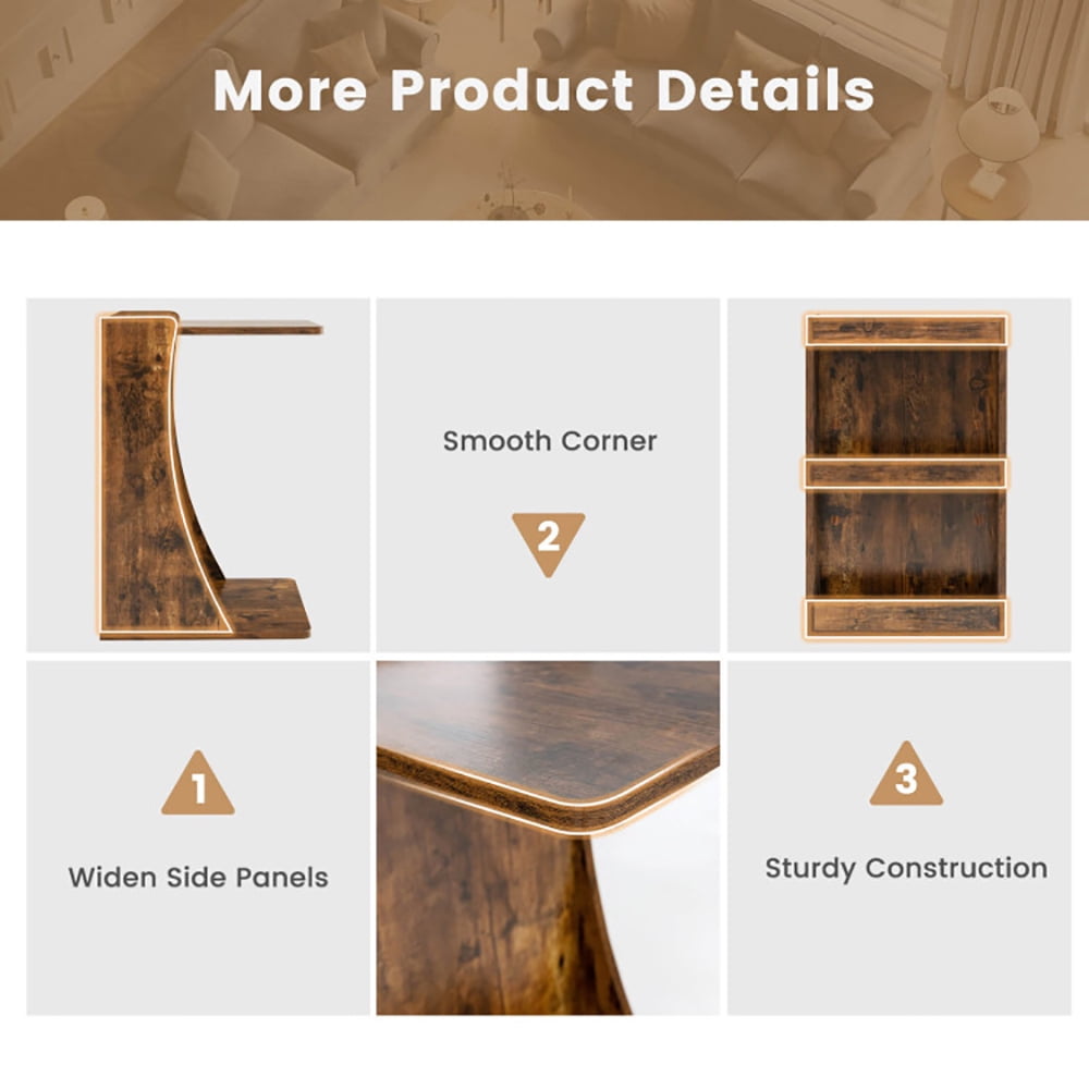 Finihen End Table, C-shaped Rolling End Side with Back Storage Shelves beside Sofa, Sofa Side Table, Bed Side Table, for Living Room, Bedroom, Rustic Brown Finihen End Table, C-shaped Rolling End Side with Back Storage Shelves beside Sofa, Sofa Side Table, Bed Side Table, for Living Room, Bedroom, Rustic Brown