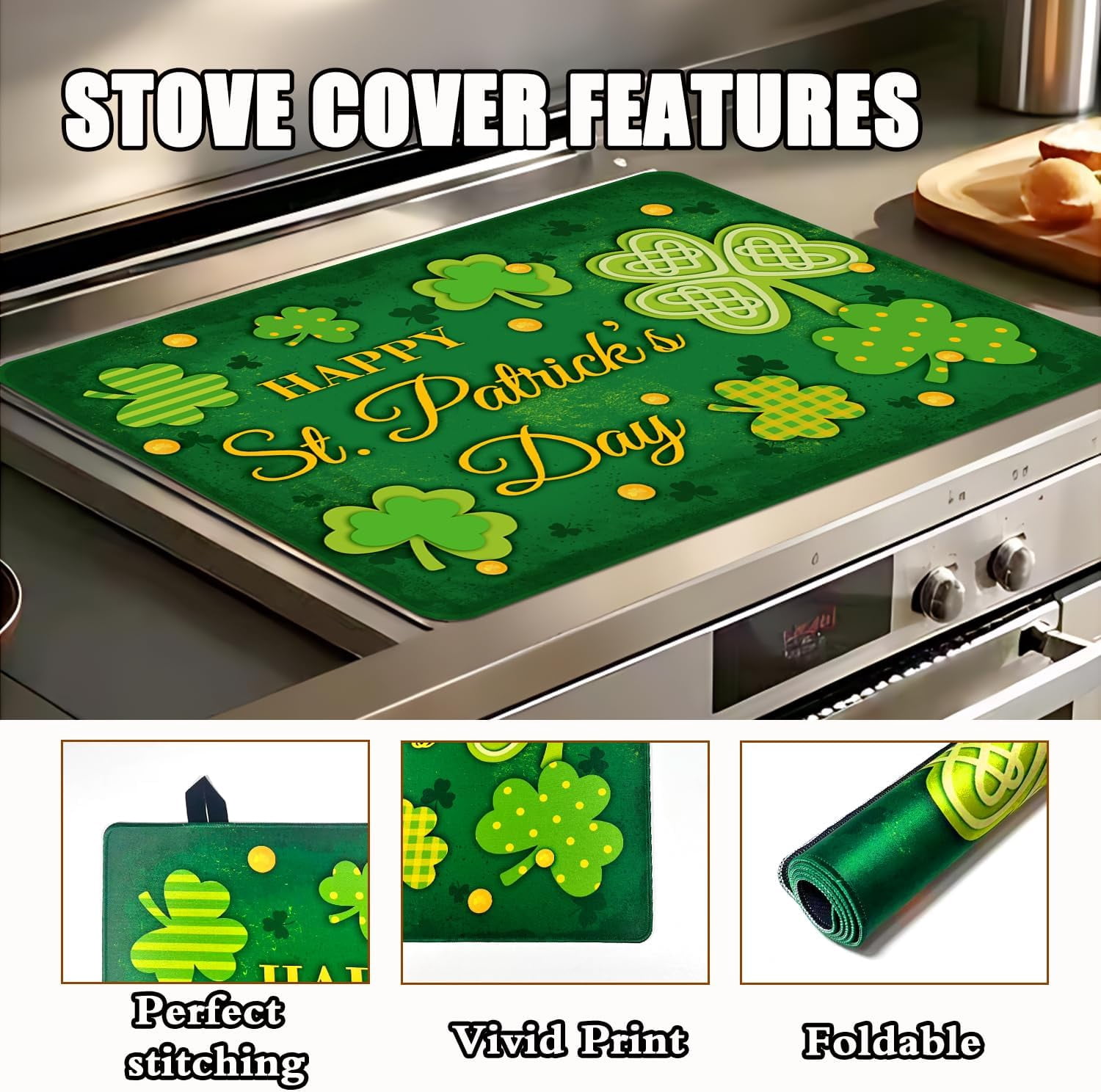 St Patricks Day Stove Cover, 20x28 In Lucky Stove Top Covers For Electric Stove Green Home Decor Glass Stove Top Mat Heat Resist Gas Range Mat Party Stove Top Protector Spring Kitchen Cooktop Pad