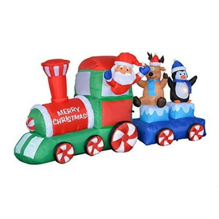 Indoor Santa Decoration 7 foot long lighted christmas inflatable santa claus reindeer penguin on train indoor outdoor garden yard party prop decoration ()