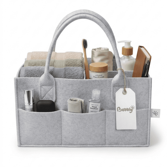 Bebbly Bolsa Organizadora para Pañales de Bebé 18x33x23cm, Cesta Organizadora de Fieltro con 8 Bolsillos Externos y 3 Compartimentos, Canasta Organizadora para Pañales, Toallitas y Accesorios de Bebé