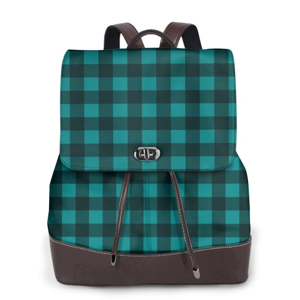 Balery Teal On Black Plaid Mochila de Cuero para Mujeres, Gran Capacidad, Bolsa de Viaje Multifuncional, Mochila de Cuero y Bolsa de Hombro para Mujeres