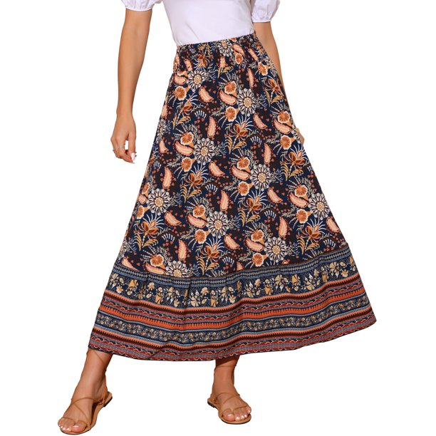 Falda larga bohemia de cintura alta con volantes para mujer Inspire Chic, floral, azul oscuro, tamaño L