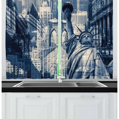 New Bedroom United States Curtains 2 Panels Set, Double Exposure Image of Statue of Liberty with New York Buildings, Window Drapes for Living Room Bedroom, 55W X 39L Inches, Dark Blue Purplegrey, by Ambesonne ()