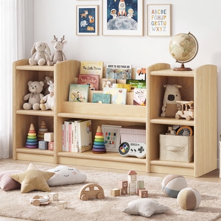 ROGALIS 3‑Tier Wooden Montessori Shelf, Toddler Low Bookcase & Toy Storage Organizer, Baby Furniture w/Rounded Corners, Anti‑Tip for Kids Room Nursery Playroom Classroom Kindergarten, Natural