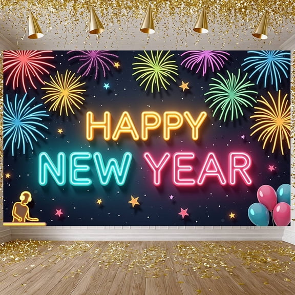 Neon Happy New Year Banner Firework Design New Year Display Star Pattern Colorful Festive Backdrop for New Year Party Holiday Celebration Night Event