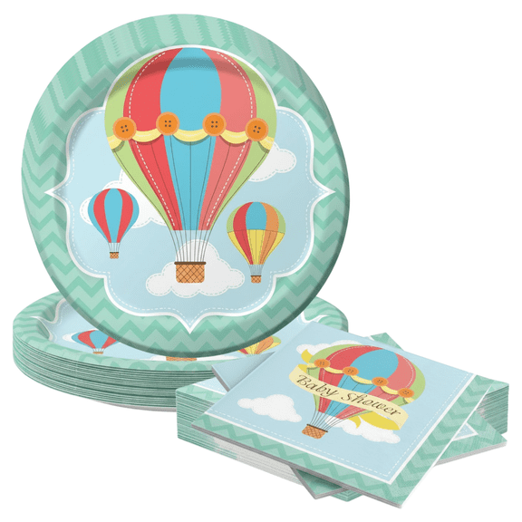 Hot Air Balloon Baby Shower Plates and Napkins Set – 9" 16 Paper Plates and 16 Two-Ply Napkins – Pastel Baby Shower Decorations for Boy or Girl, Gender Neutral Party Supplies