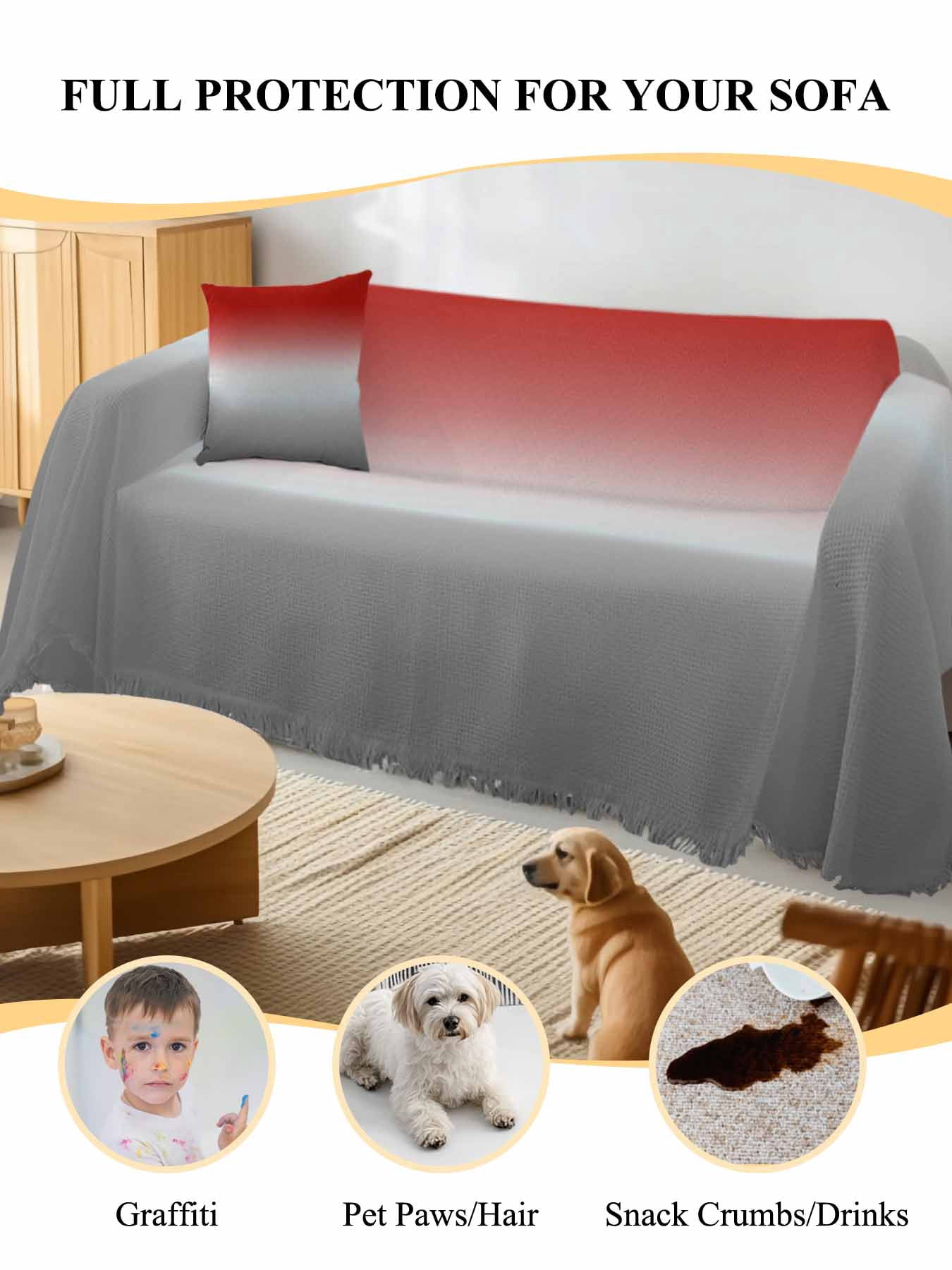Red Gray Ombre Couch Cover, Modern Gradient Abstract Art Oversized Sofa Cover Blanket for 3 Cushion Couch, Sectional Sofa Slipcover Furniture Protector for Living Room Bedroom 71''x150''