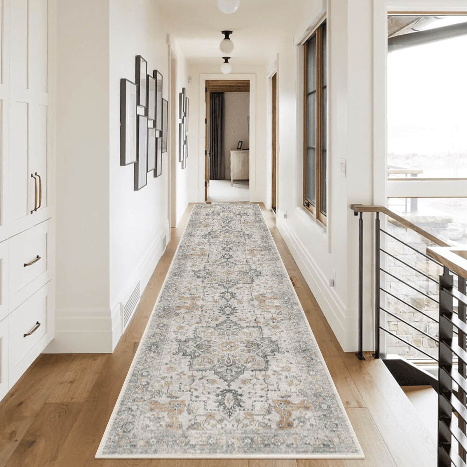 Runner Rugs for Hallway, 2x10 Washable Soft Non Slip Floor Rugs for Kitchen, Modern Mat for Living Room Bedroom Entryway Gray & white