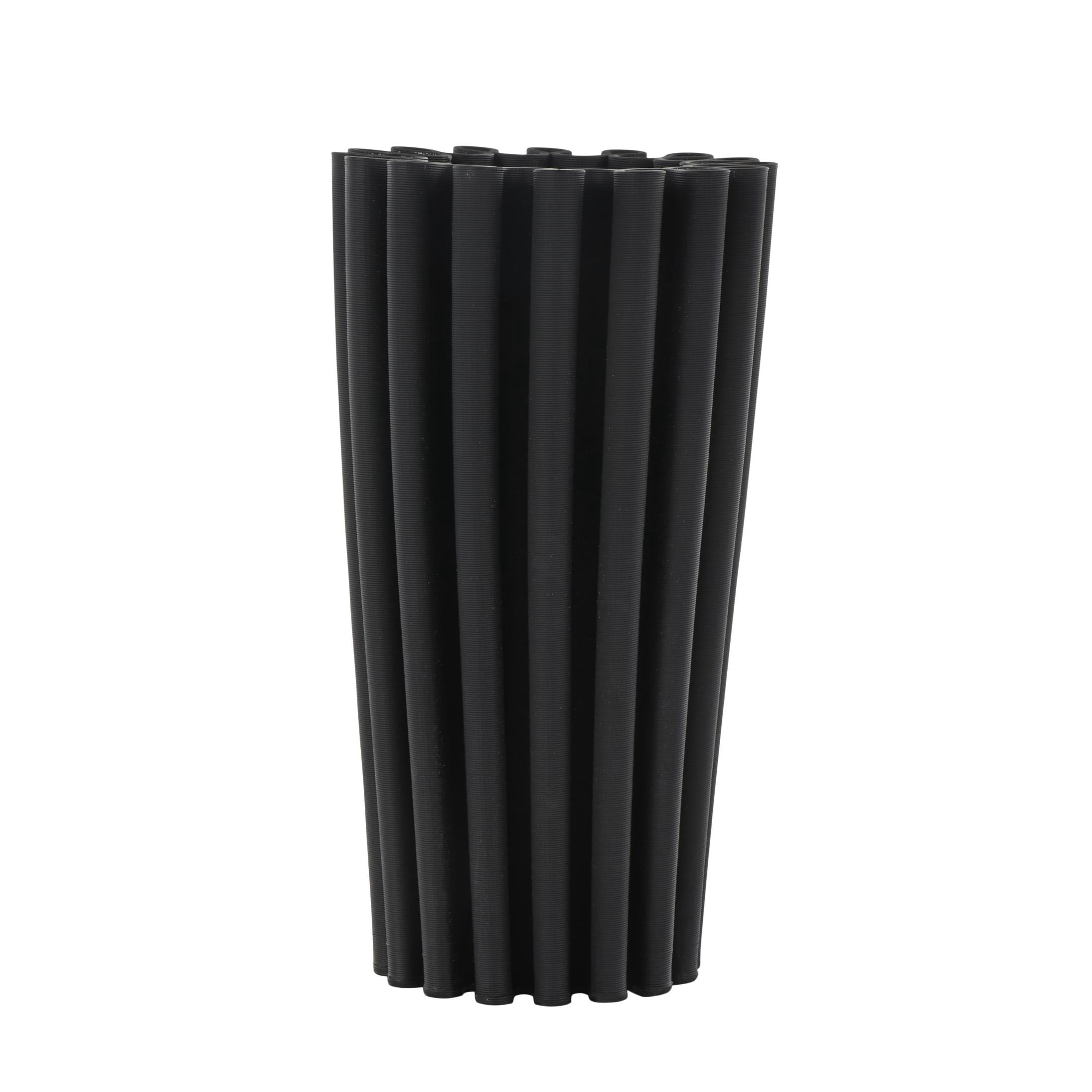 DecMode 12" Abstract Dimensional Ribbed Black Ceramic Vase with Cylindrical Ridges