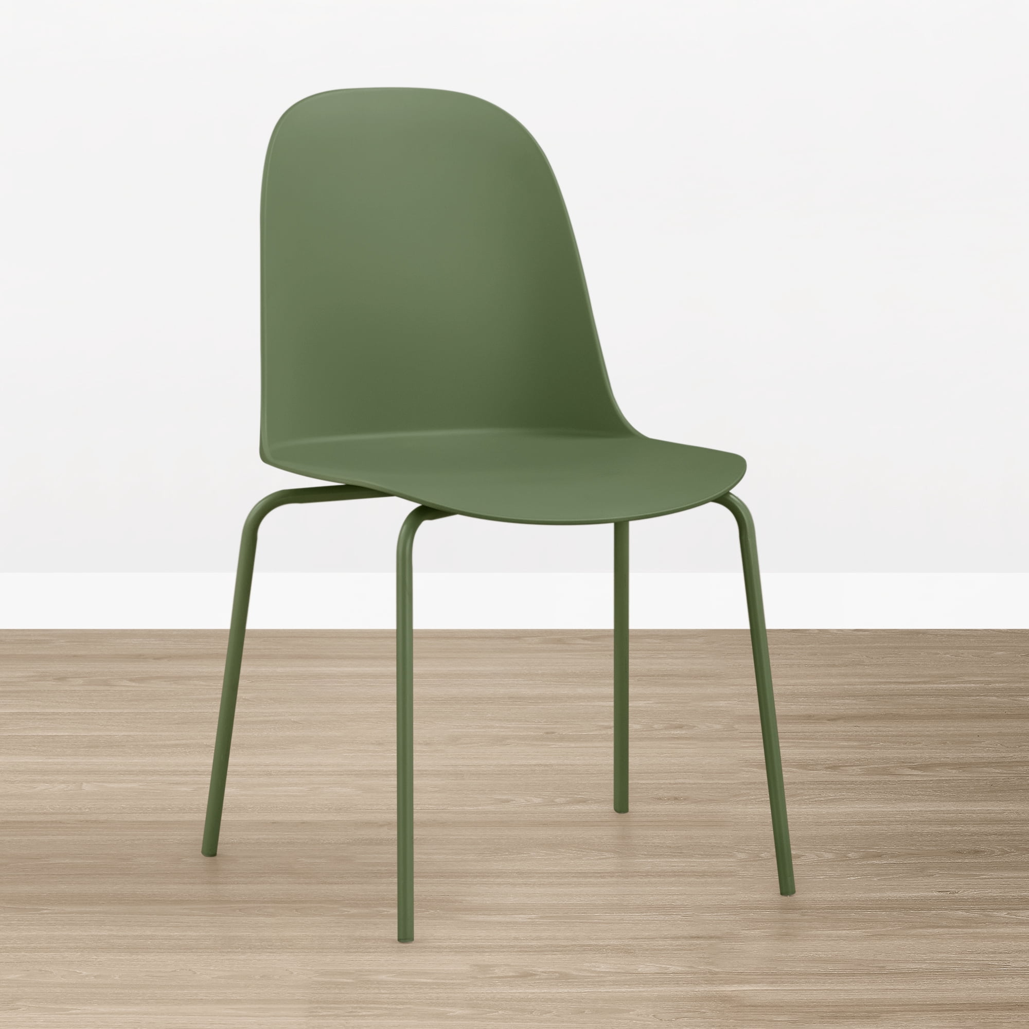 Spruce & Spring Modern Stackable Dining Chairs, Molded Plastic Kitchen Chairs with Metal Legs, Space-Saving Armless Design, Green, Set of 4