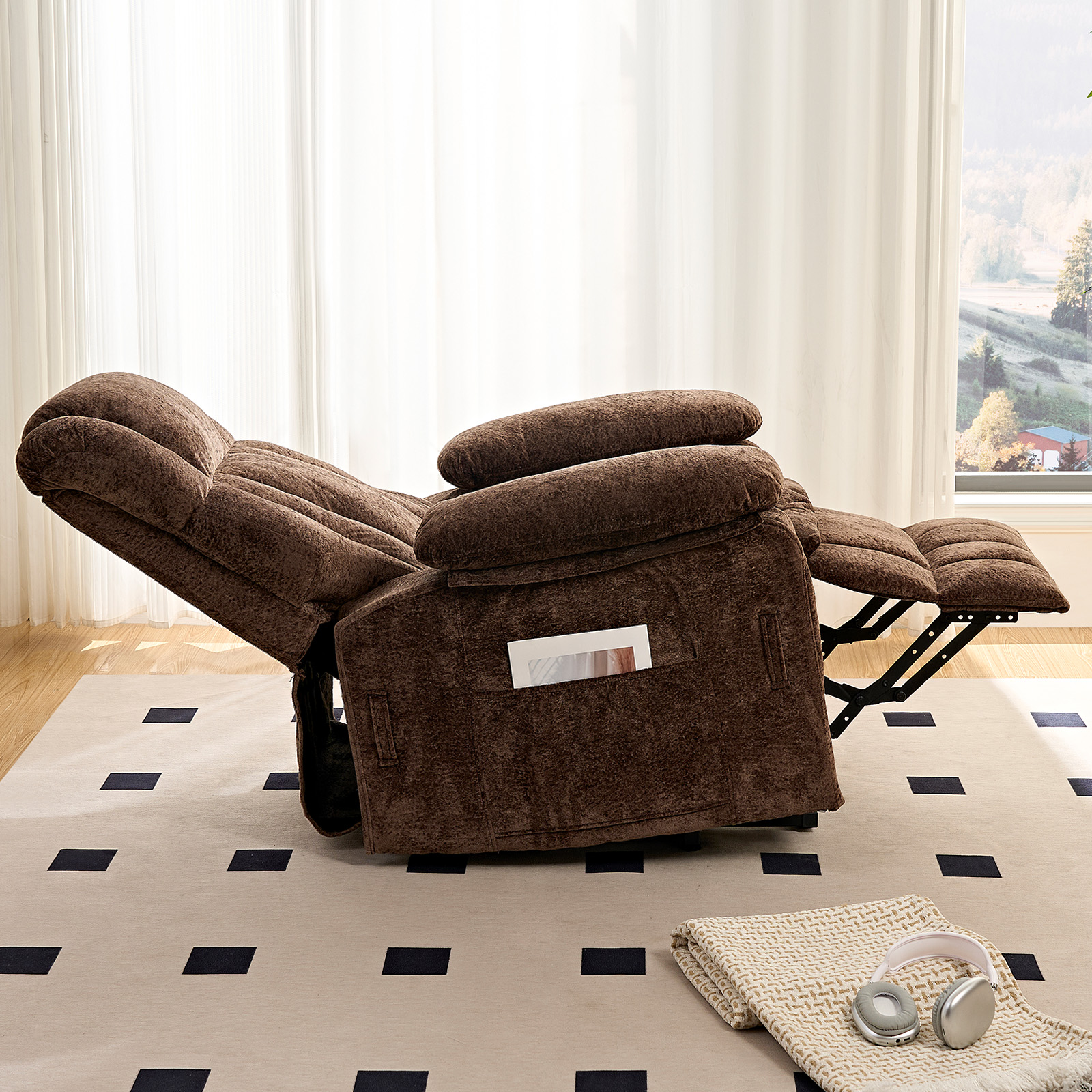 BALUS Oversized Power Lift Recliner with Dual Motor for Elderly, Velvet Arm Chair with Heat and Massage for Living Room, Brown
