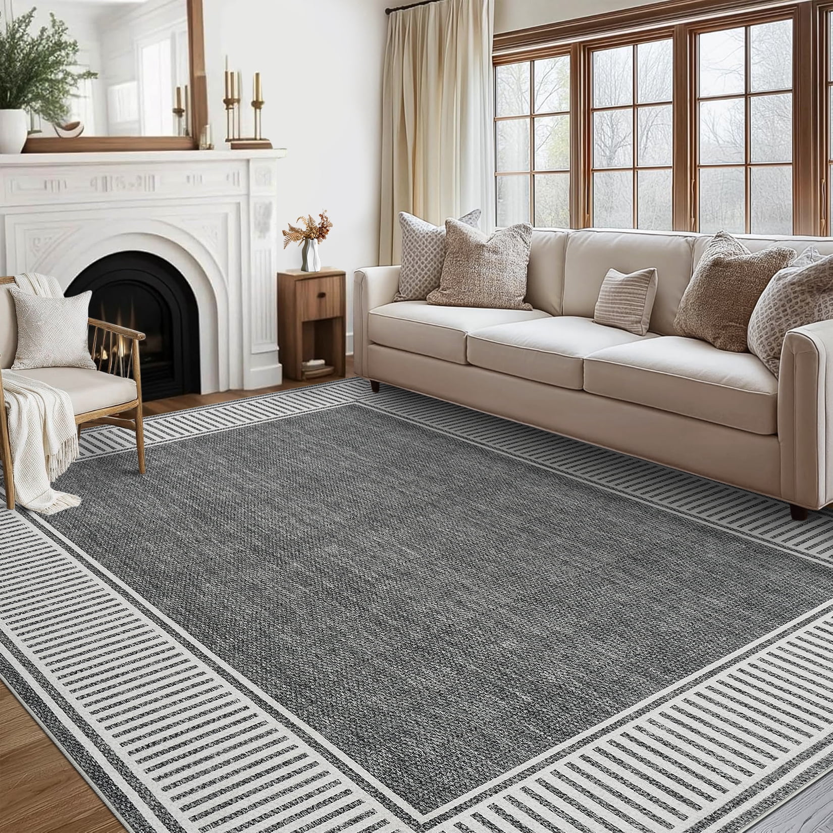 Garvee Indoor Bordered Area Rug, 8'x10' Modern Non Slip Rubber Backing Washable Rug Low Pile Striped Rugs Carpet for Bedroom Living Room Nursery Office, Gray