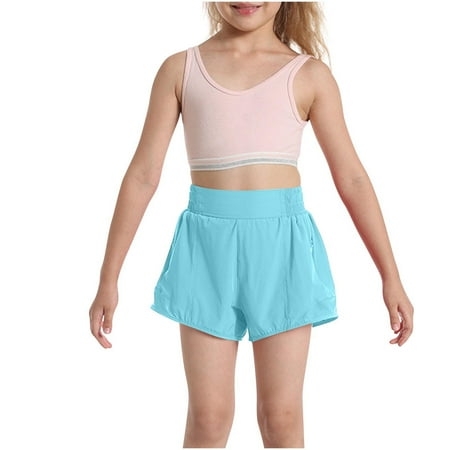 Maqroz Girls Athletic Running Shorts Quick Dry Gym Bottoms High Waist Activewear with Liner Light Blue 8 Years