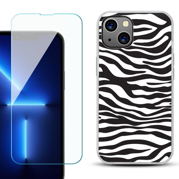 OneToughShield ® for iPhone 15 Fashion Phone Case, with Tempered Glass Screen Protector - Zebra B/W