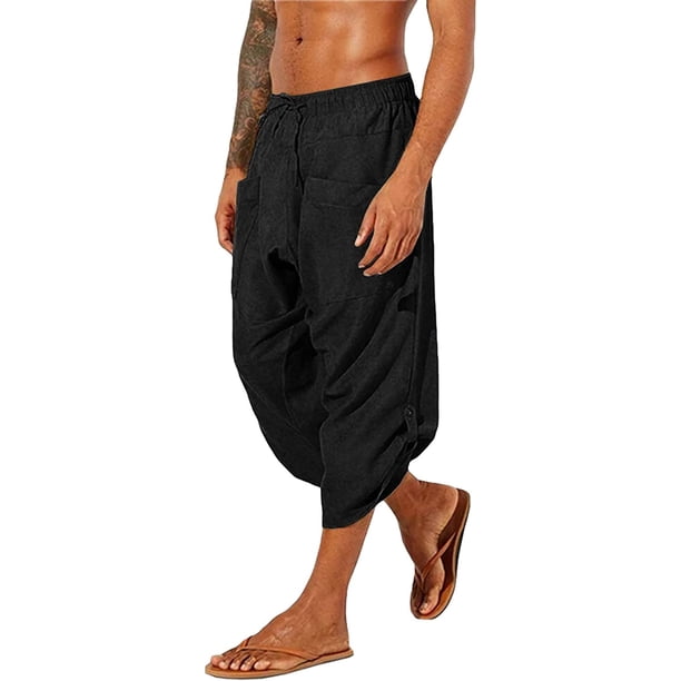 Pantalones capri de yoga para hombre, casual, cintura elástica, transpirable, atlético, algodón, lino, bohemio, harén, 3/4, con bolsillos negro (063-black) G negro (063-black) G Xishao ropa
