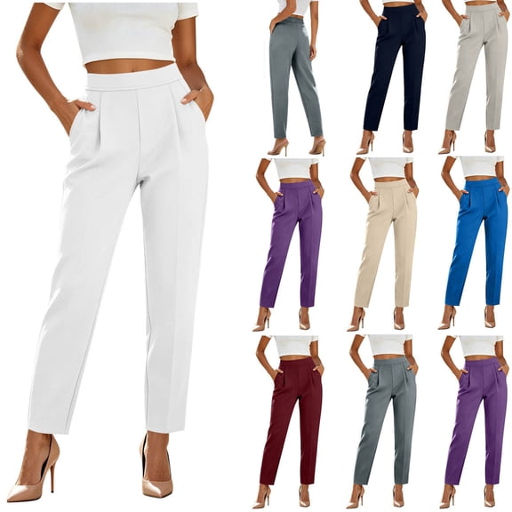 Sahpxhe Womens Dress Pants Slim Tapered Leg High Elastic Waist Trendy Pants Casual Work Office Comfort Trousers White S