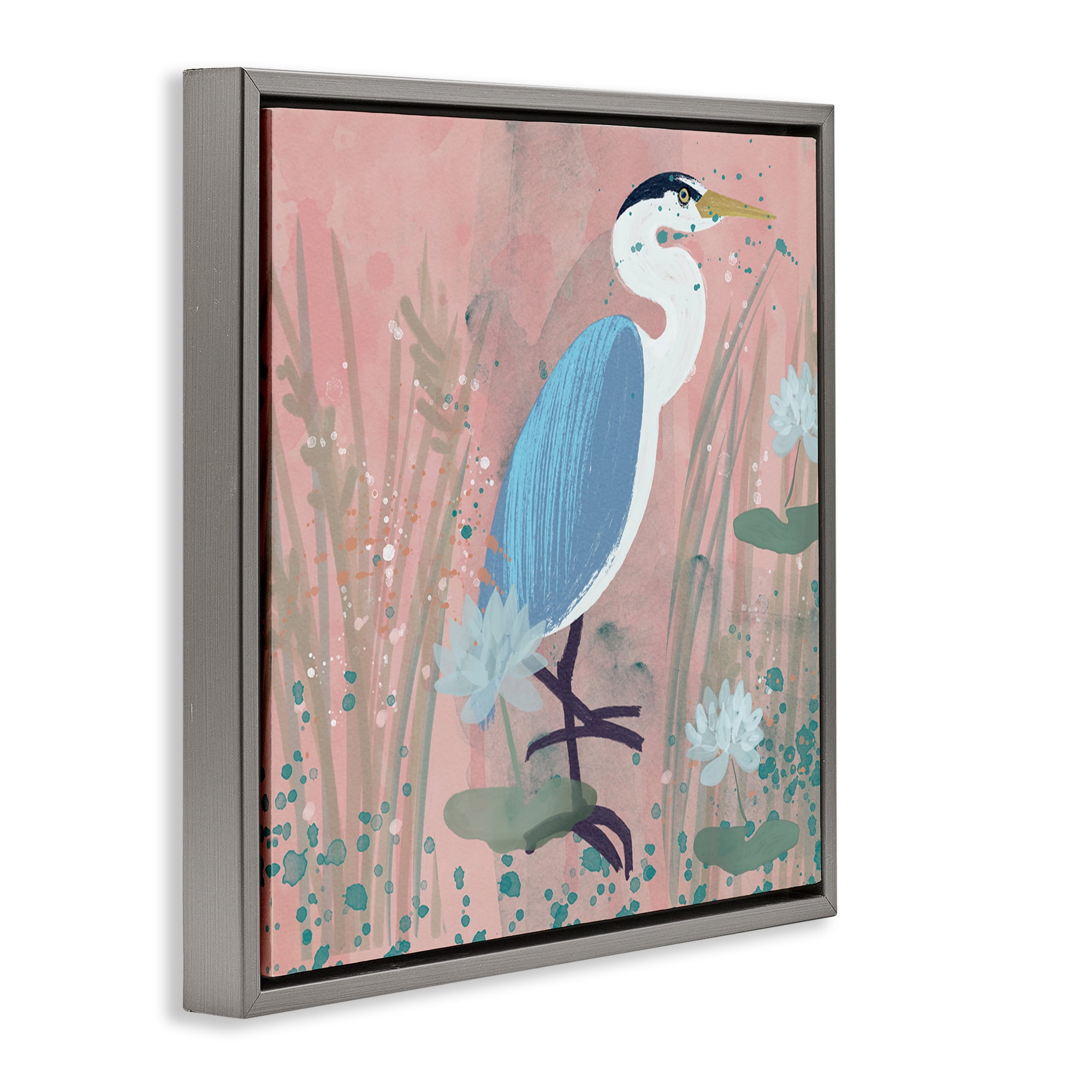 Stupell Industries Coastal Bird with Lotus Flowers Animals & Insects Painting Gray Floater Framed Canvas Art Print Wall Art, 18 x 18