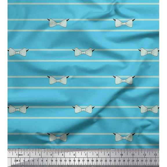 Soimoi Blue Cotton Voile Fabric Bow & Stripe Print Sewing Fabric Yard 42 Inch Wide