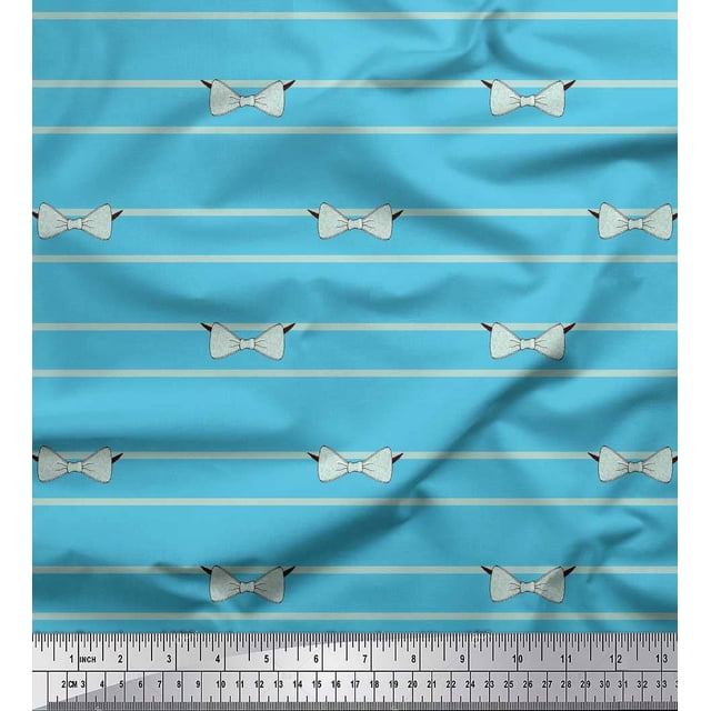 Soimoi Blue polyester Crepe Fabric Bow & Stripe Print Fabric by the Yard 52 Inch Wide