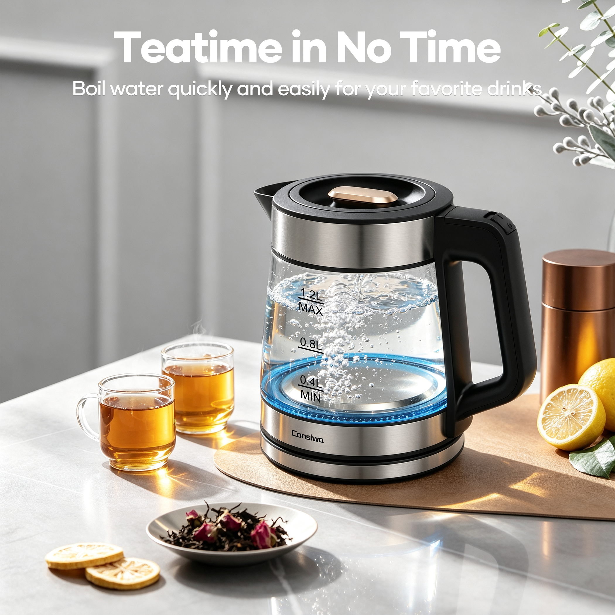 Consiwa Electric Kettle, 1.2L Glass Water Boiler photo 2