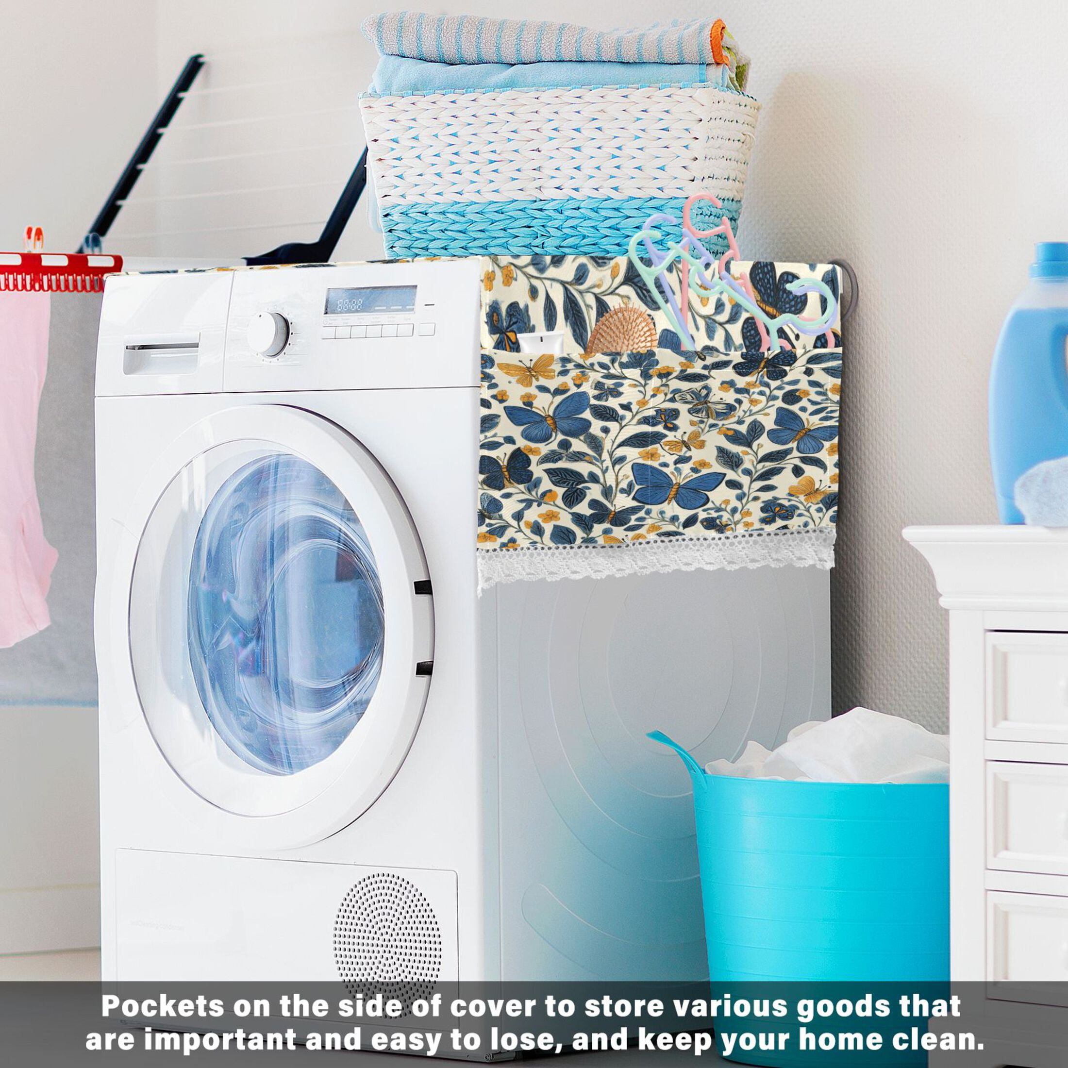 Blue ButterfliesWasher and Dryer Covers Dust-Proof and Oil Resistant Fridge Cover with 4 Storage Pockets Washing Machine Top Cover for Laundry Kitchen Home 51.2 x 22 In