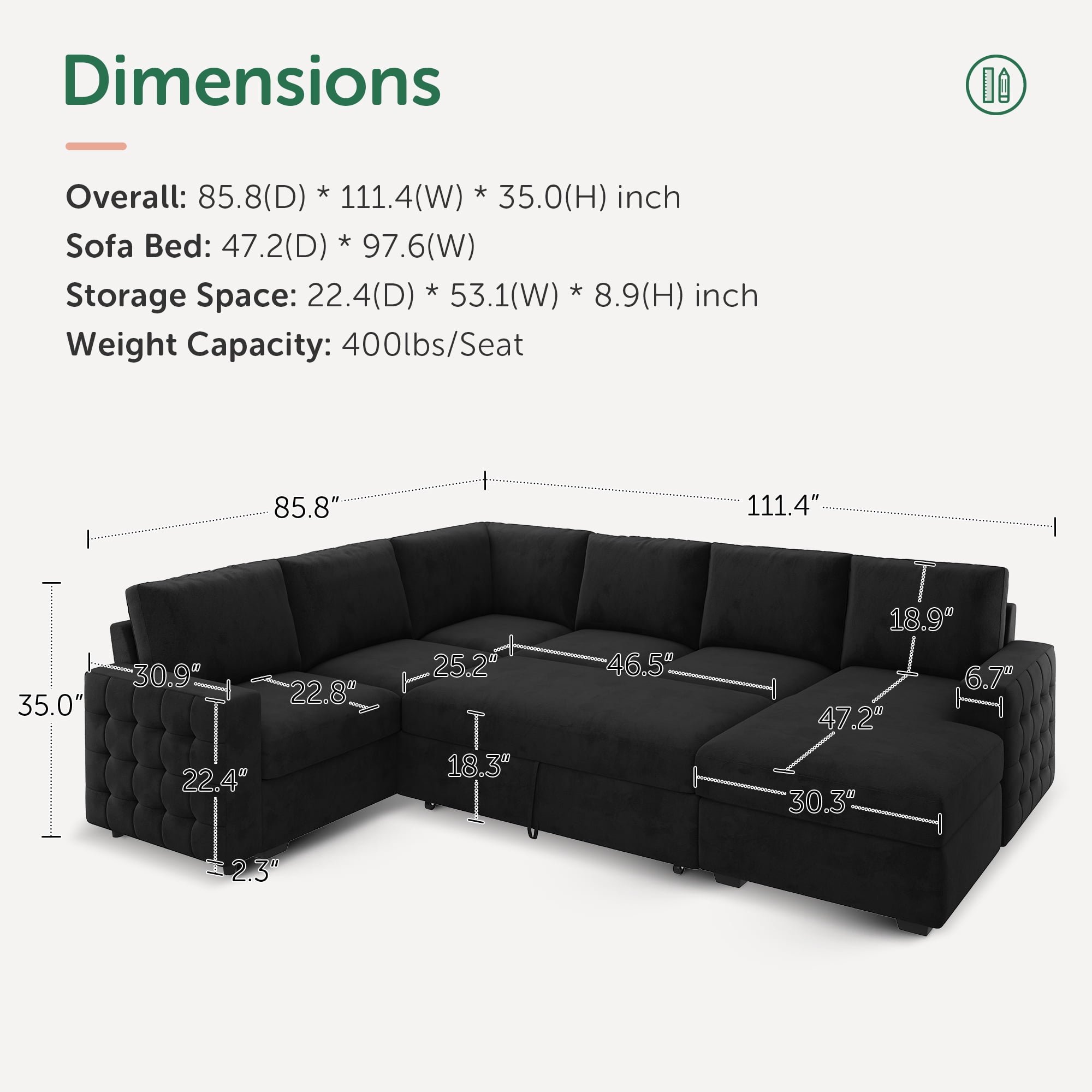 Marrber U-Shaped Sectional Pull Out Sofa Bed  with Storage Chaise Convertible Sleeper Sofa for Living Room, Black