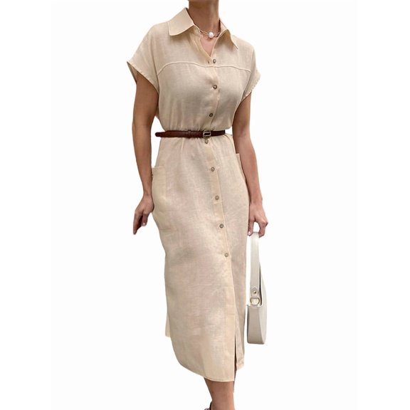 Women's Button Down Belted Cotton Linen Maxi Dresses Sleeveless Long Pockets Shirt Dress Khaki S