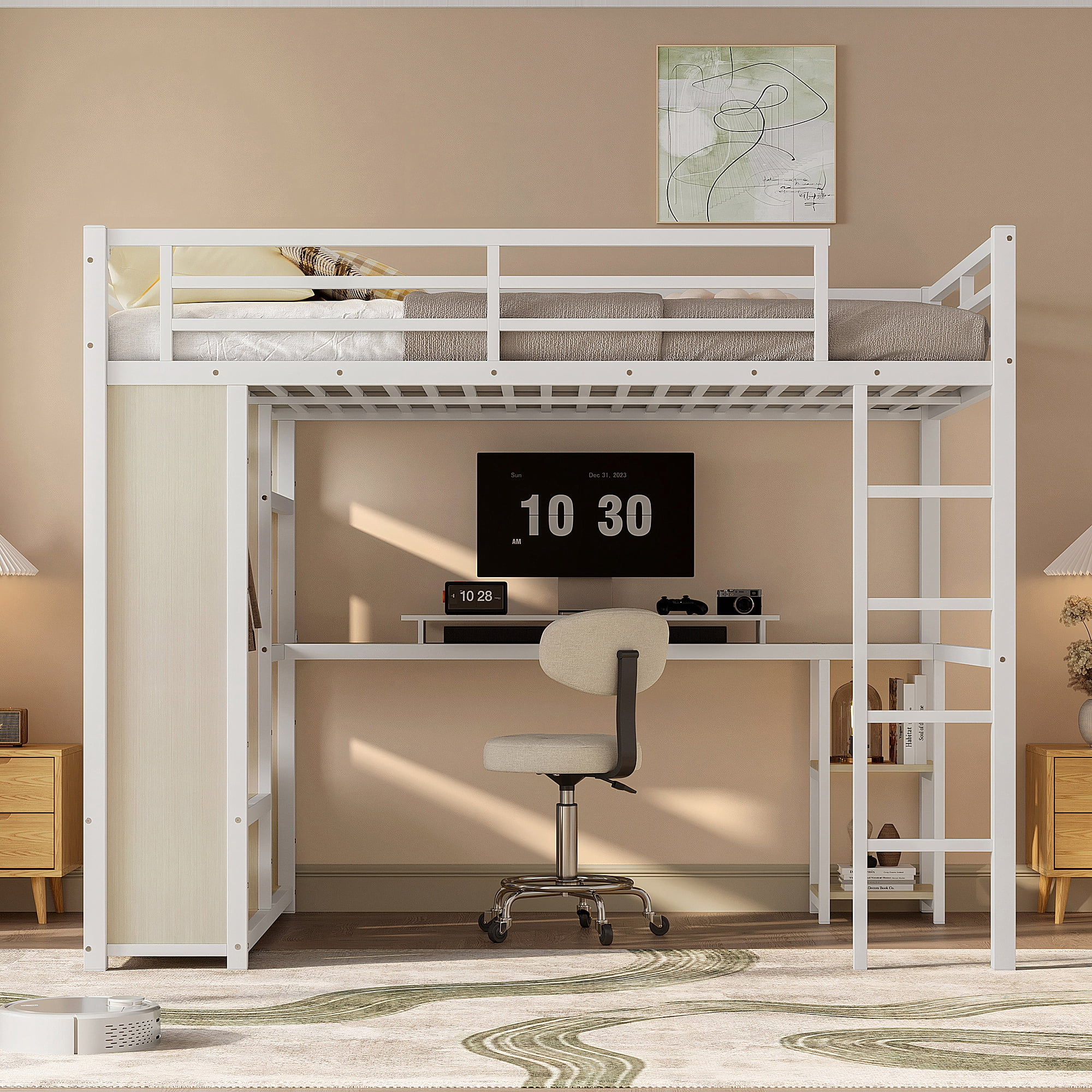 Leumius Full Size Metal Loft Bed with Built-in Wardrobe,Heavy Duty Loft Bed Frame with Desk and Storage Shelves,Space-Saving,White