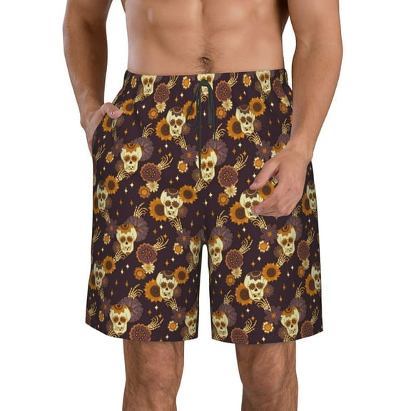 Naloa Sunflowers with Skull and Hand Men's Beach Shorts, Surfing shorts, Swim trunks, Quick Dry Swim Trunks for Surfing Beach Fun - Small