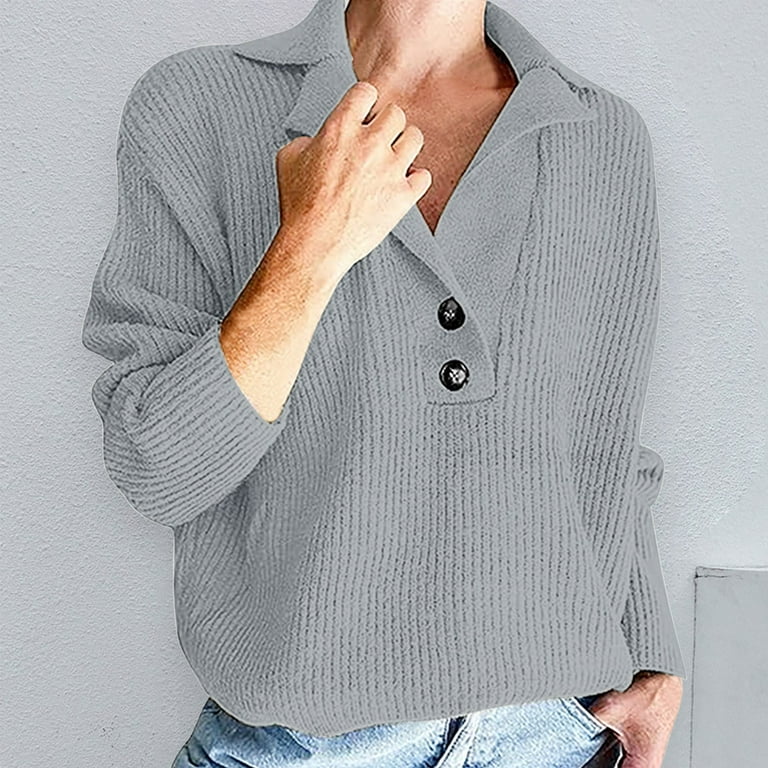 Wozhidaoke Cardigan Sweaters For Women V Neck Sweater Women s Snap Buttons Foldover Collar Henley Knitted Pullover Sweater Tops Gray XL Walmart