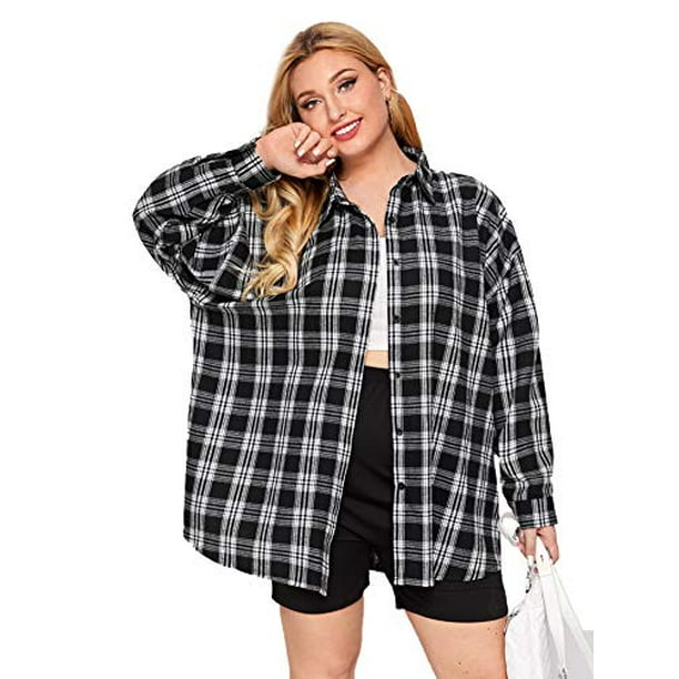 SheIn Women's Plus Drop Shoulder Curved Hem Overshirt Button Down Plaid  Shirt Blouse Tops Black XX-Large Plus - Walmart.com
