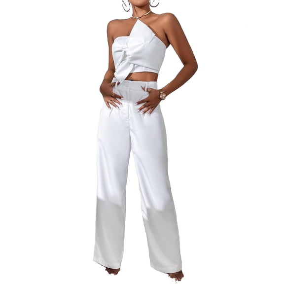 Women's Two-piece Outfits Elegant Plain Strapless Sleeveless White XS (2)
