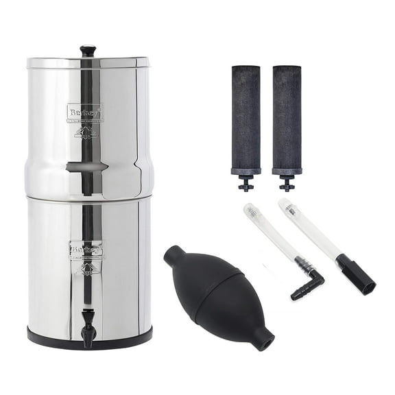 Travel Berkey Gravity-Fed Water Filter with 2 Black Berkey Purification Elements & Berkey Primer Combo Set