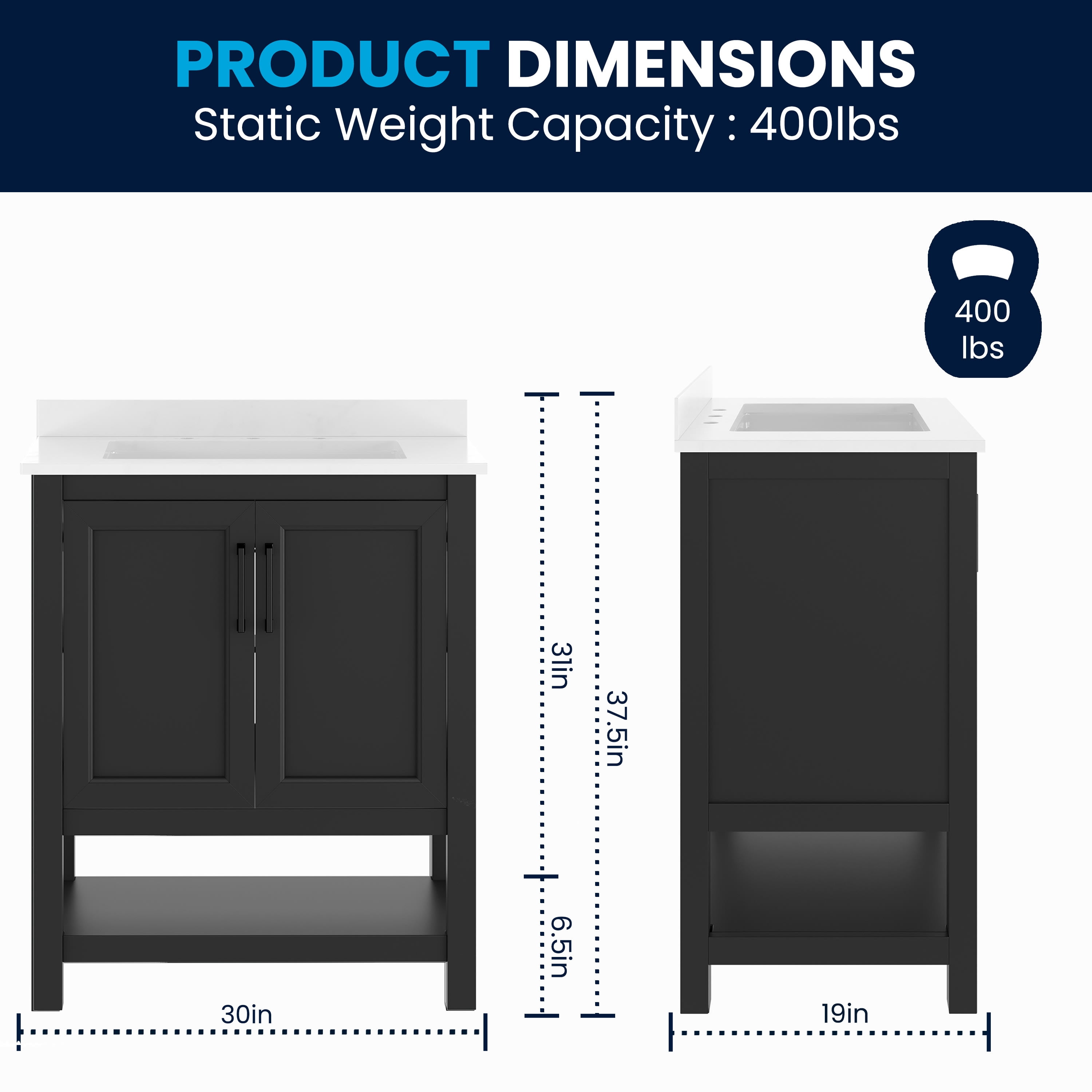 Merrick Lane 30 Inch Bathroom Vanity with Ceramic Sink, Carrara Marble Finish Countertop, Storage Cabinet with Soft Close Doors and Open Shelf in Black/Black