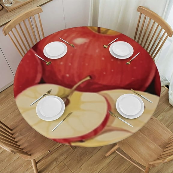 Red Apples Round Fitted Tablecloth, Watercolor Fruit Elastic Tablecloth for Round Tables, Waterproof Table
