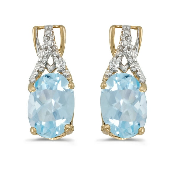 10k Yellow Gold Oval Aquamarine And Diamond Earrings