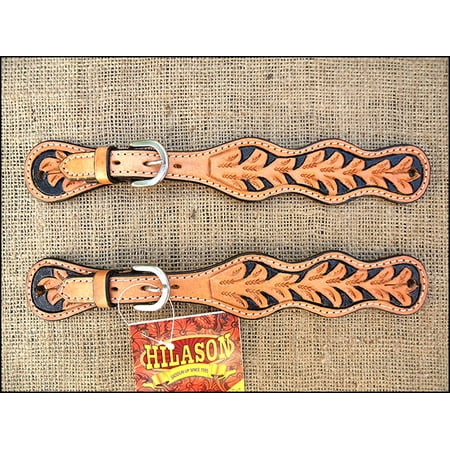 Show Spur Straps - C139 HILASON WESTERN LEATHER SPUR STRAPS HAND FLORAL CARVED TAN BLACK HAND PAINT