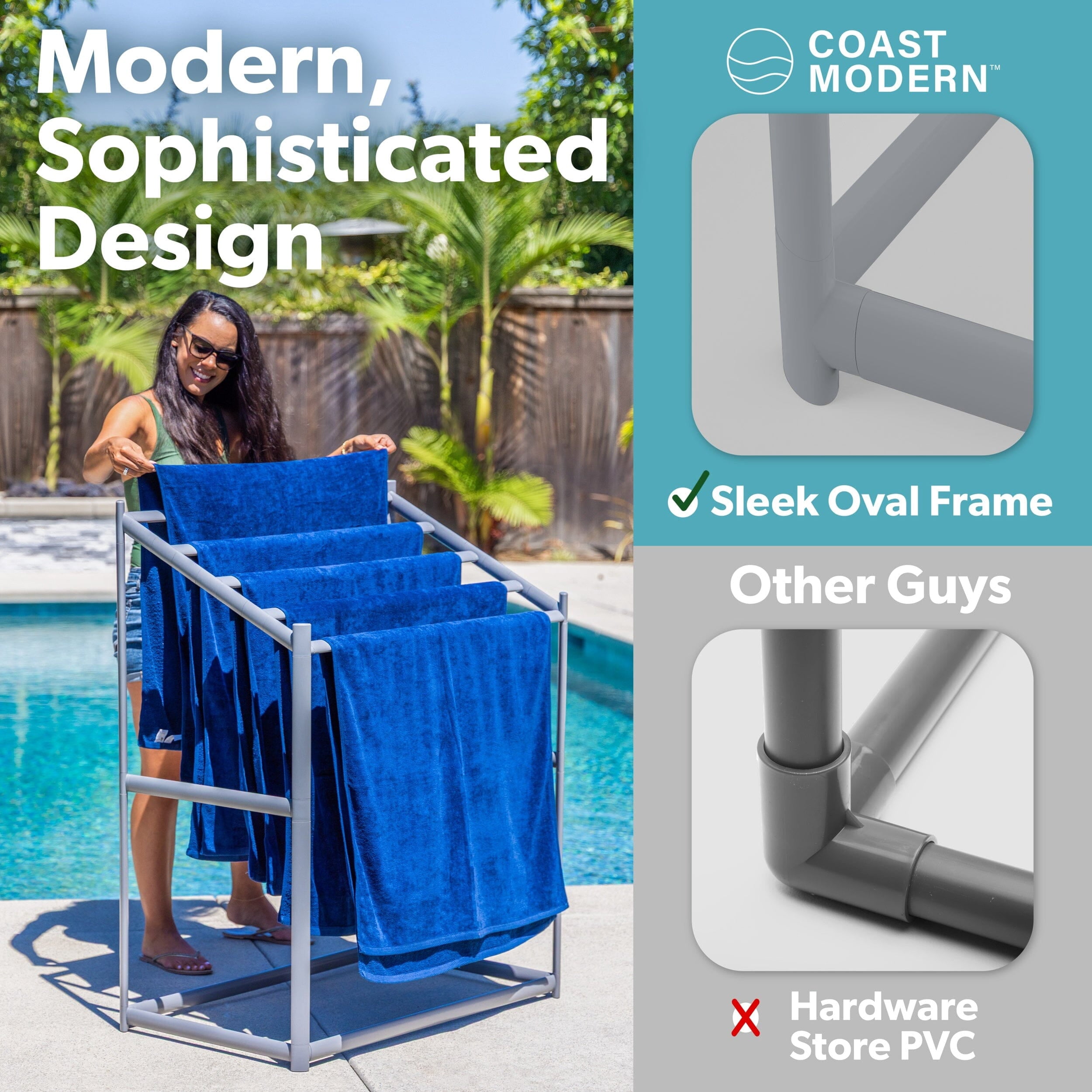 Coast Modern Pool Towel Rack – 5 Beach Towel PVC Drying Rack for Outdoor & Indoor Use - Gray
