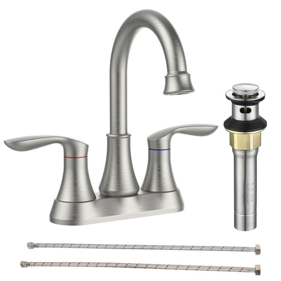 Kichae 4 Inch Brushed Nickel Bathroom Faucet,2-Handle Deck Mount Centerset Vanity Sink Faucet with Pop up Drain & Supply Hoses