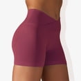 thumbnail image 2 of Women's Wide Band Stretchy Rib Knit Cross Front Gathered Biker Shorts-Small, Burgundy, 2 of 5