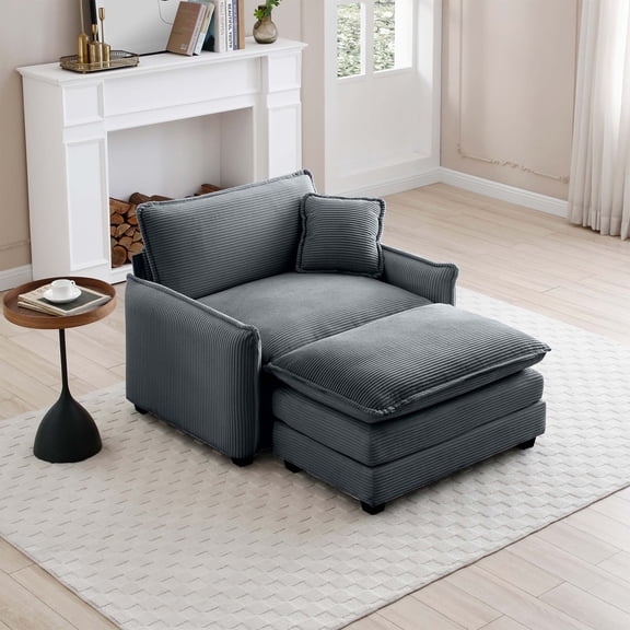 Single Deep Seat Sofa with Footstool and Pillow, Grey Corduroy