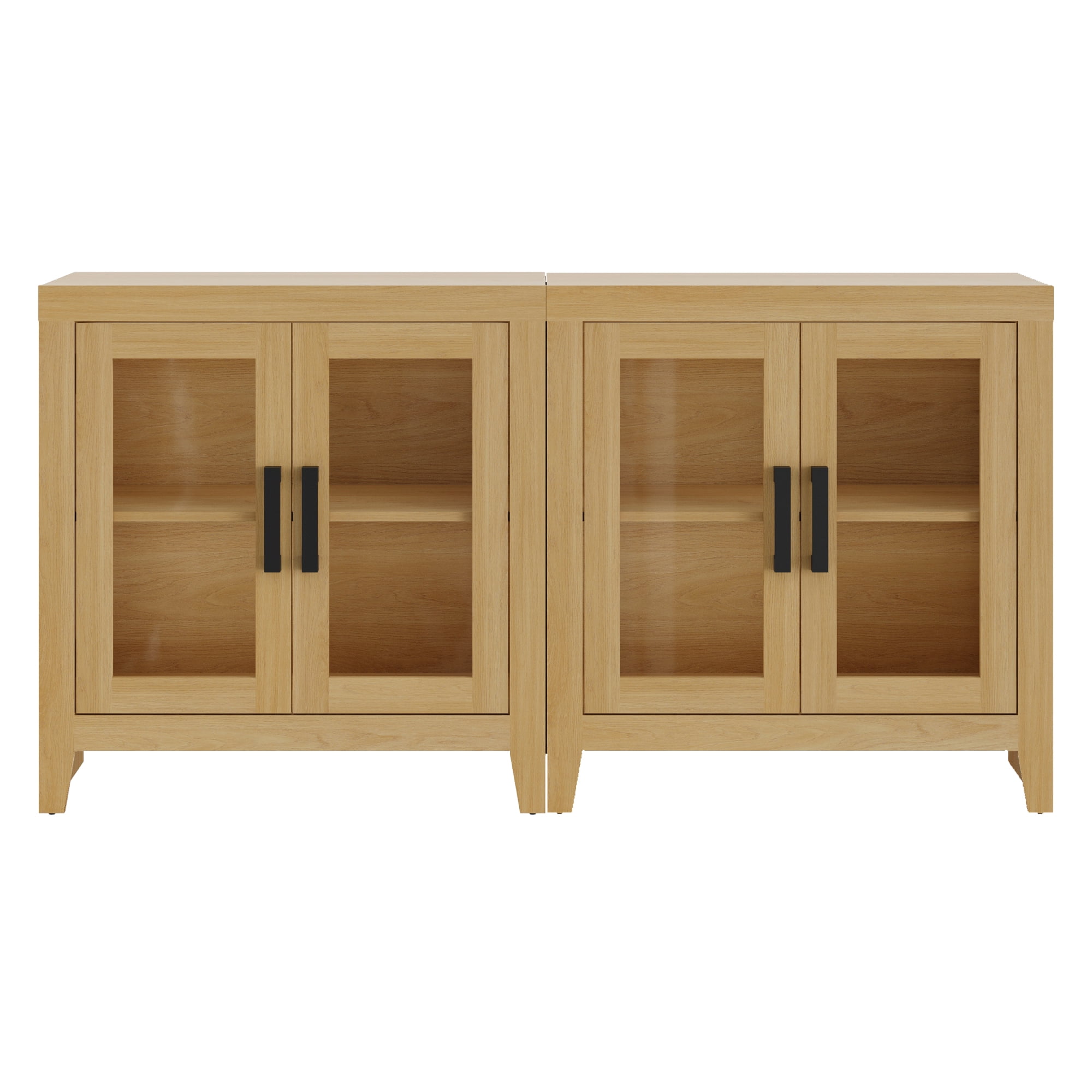 WAMPAT Modern Farmhouse TV Stand up to 70"TV, Entertainment Center with Tempered Glass Doors & Adjustable Shelves, Oak