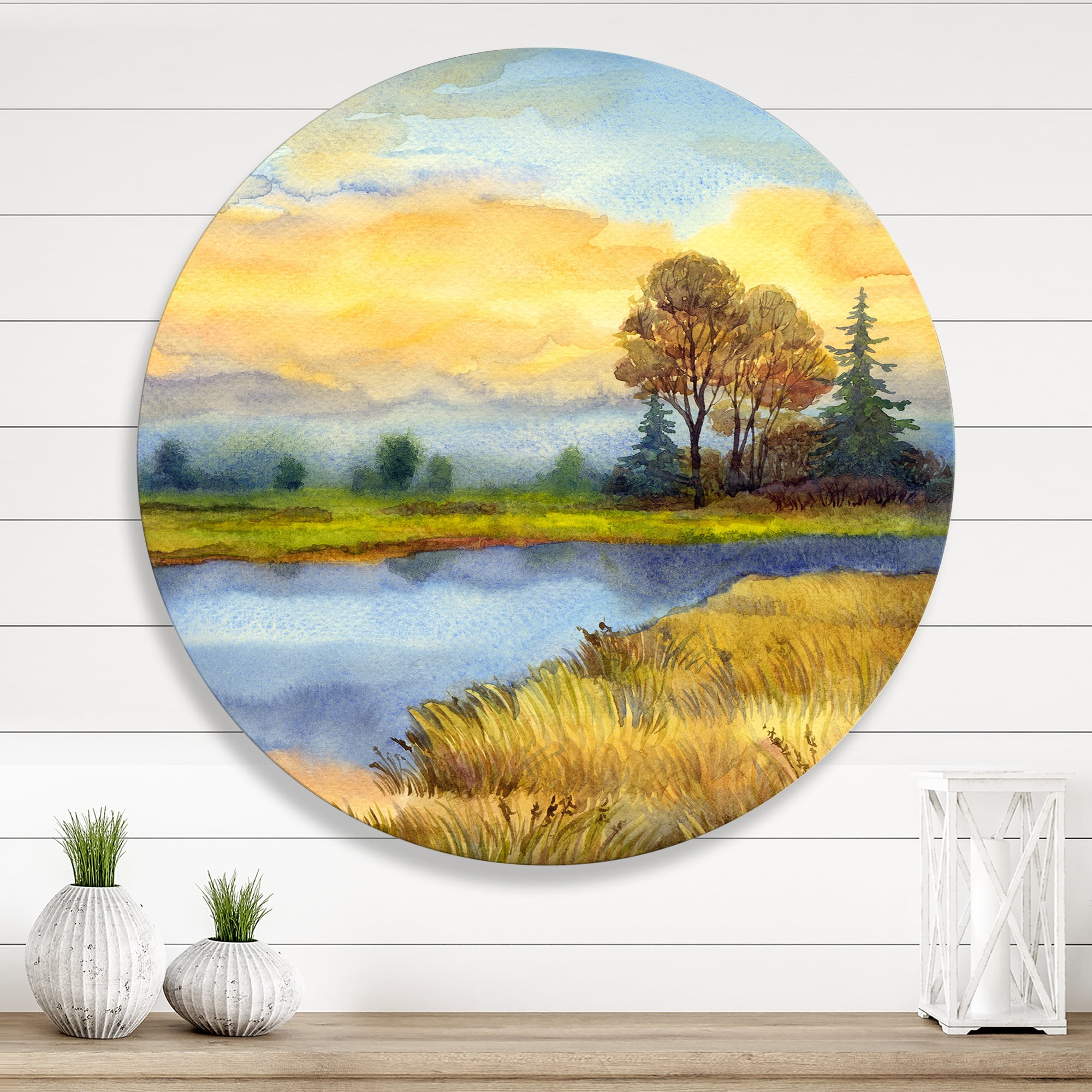Designart 'The Awakening of Nature Over Meadows' Lake House Circle Metal Wall Art 23x23 - Disc of 23