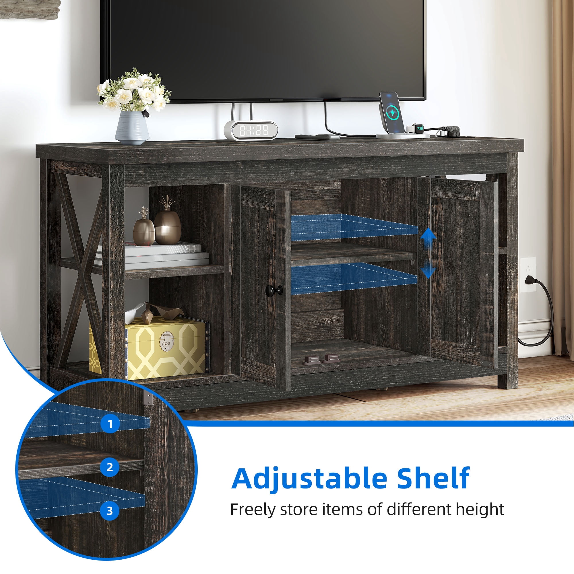 Uforic Farmhouse TV Stand with Built in Power Outlet for TVs up to 55", Wood TV Media Console, Rustic Oak