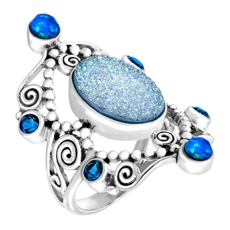 - Natural Pariba Druzy & Opal Quartz Scroll Ring in Sterling Silver