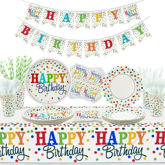 Rainbow Party Supplies - Birthday Banner, Colorful Mini Polka Dot Paper Plates, Napkins, Cups, Tablecloth, Knives, Fork, Spoon and Straws for Kid Adult Party Decorations, Serves 20 Guests